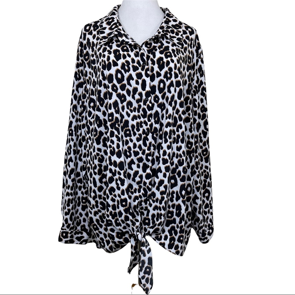 Susan‎ Graver Stretch Leopard Print Tie Front Blouse Sz 28W